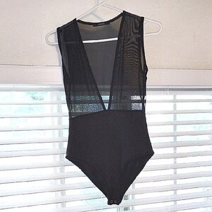 Forever 21 Woman's Black Plunging V Neck Sheer Mesh Bodysuit High Waist, Size: S